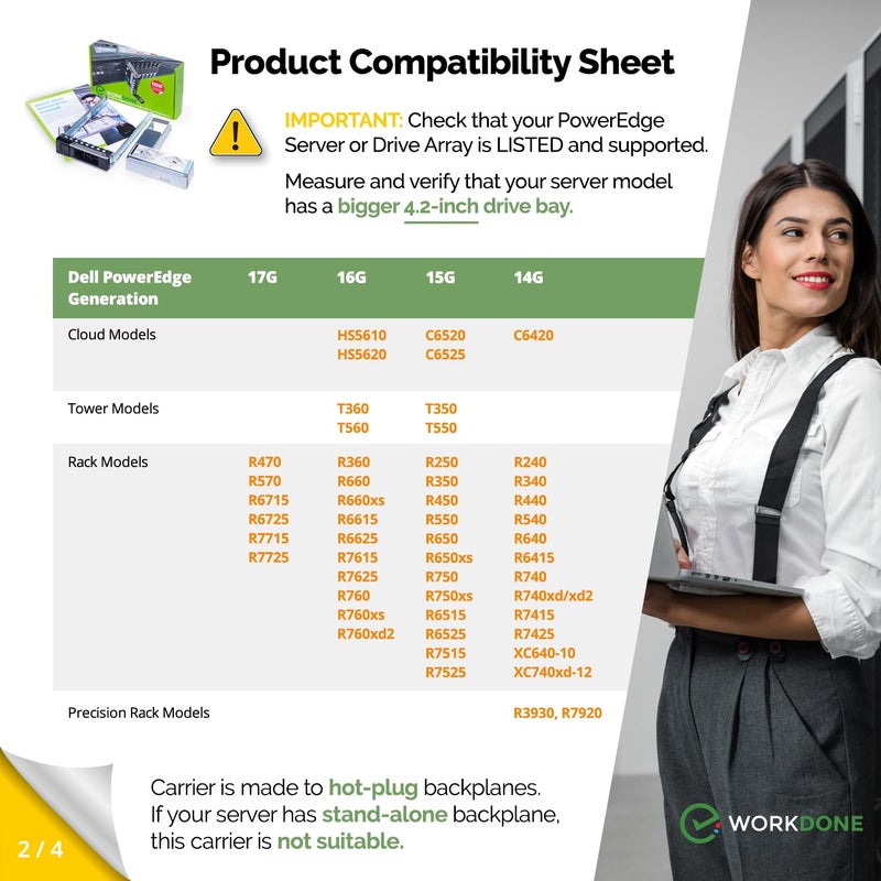 WORKDONE 3.5 inch Drive Caddy with 2.5 inch HDD Adapter - Compatible for Dell PowerEdge Servers - T360 R760 R640 R540 R440 R340 R550 R450 R650xs R750xs - Bright LED Tray - with Detailed Setup Manual - Image 2